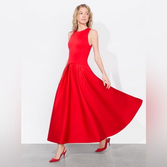 Alice + Olivia Adley Drop Waist Midi Dress Bright Ruby Red Women’s Size US 4 (S) - Picture 6 of 14